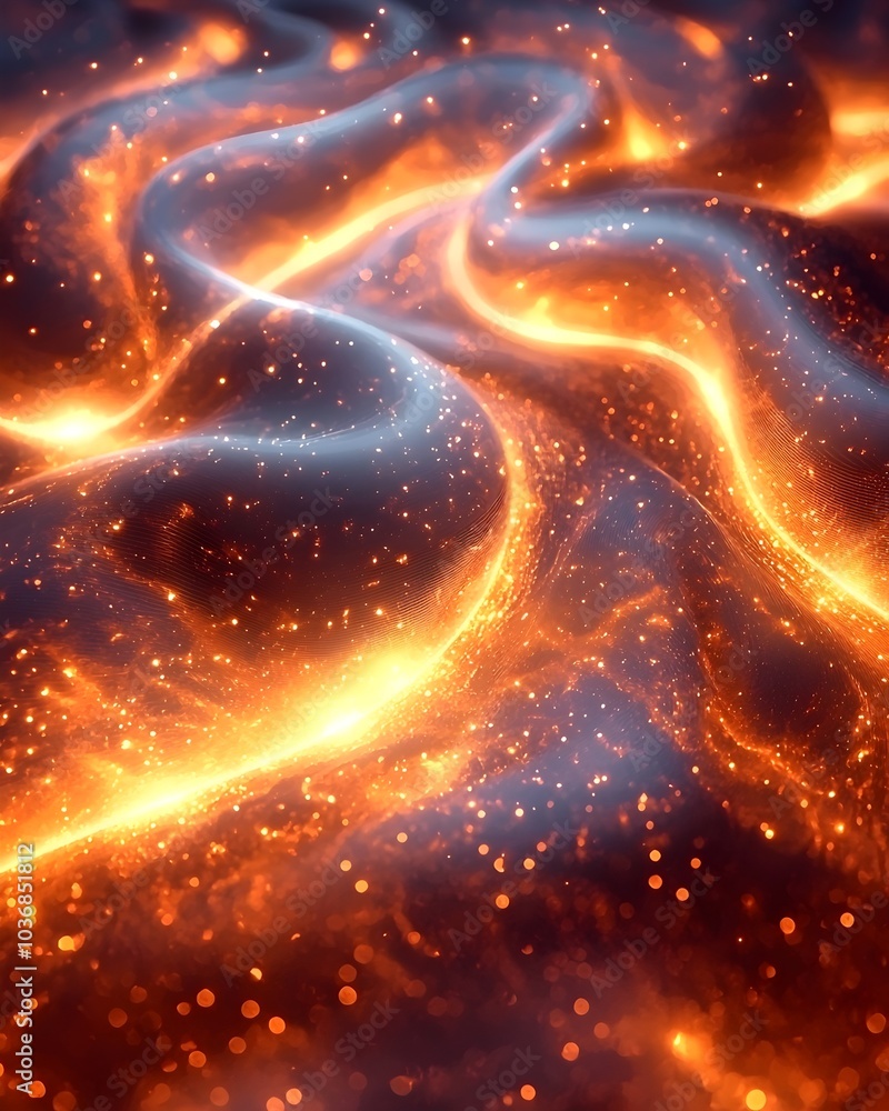 Poster a mesmerizing abstract image of flowing waves in warm orange and blue, evoking a sense of energy and