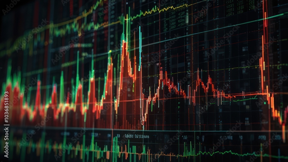 Poster close-up of a computer screen displaying a stock market graph with red and green lines representing 