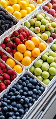 Assortment of fresh fruit in white baskets.