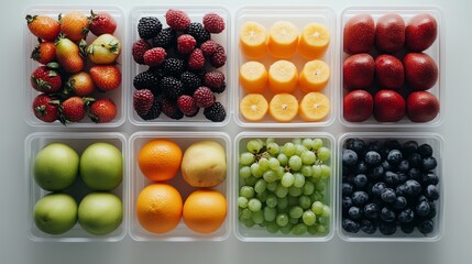 Assortment of fresh fruit in plastic containers, arranged in a grid pattern.