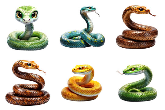 A set of colorful snakes on a transparent background.