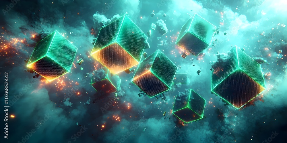 Poster A vibrant digital artwork depicting glowing cubes floating in a mystical space filled with colorful explosions, creating a surreal and dynamic atmosphere.
