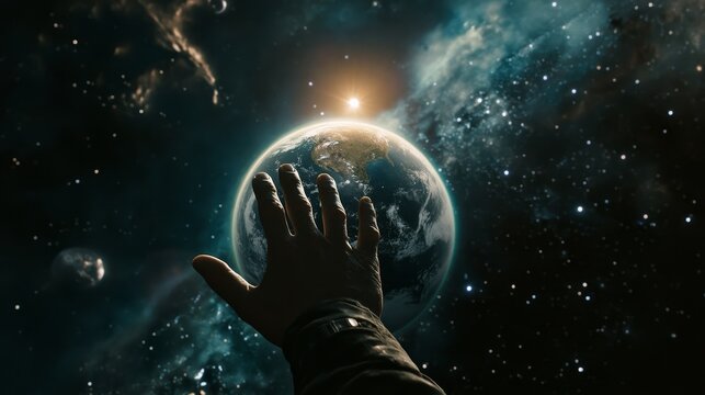 A hand reaching towards earth  the divine act of creation from genesis and the birth of light