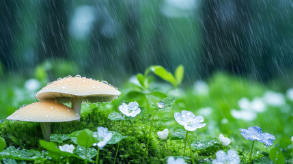 A high-definition photo, a forest after rain, with raindrops visible on flowers and mushrooms. The composition structure is good, creating a sense of depth and hierarchy in the scene.