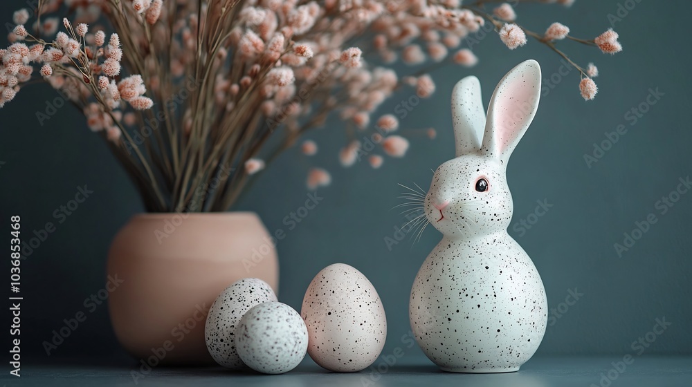 Poster easter setup featuring few speckled eggs and a small ceramic bunny on a clean softcolored background