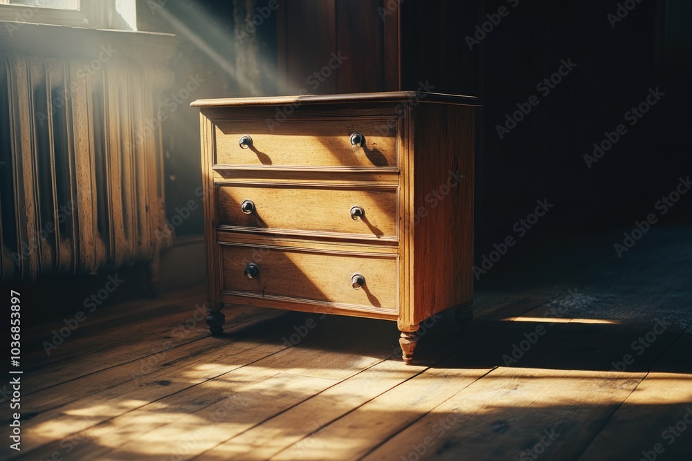 Wall mural a wooden dresser placed on a hardwood floor, perfect for use in home decor or design projects