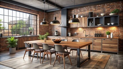 Obraz premium Modern loft kitchen features an industrial brick wall, wooden dining table with matching chairs, and a sleek black pendant lamp suspended from the ceiling.