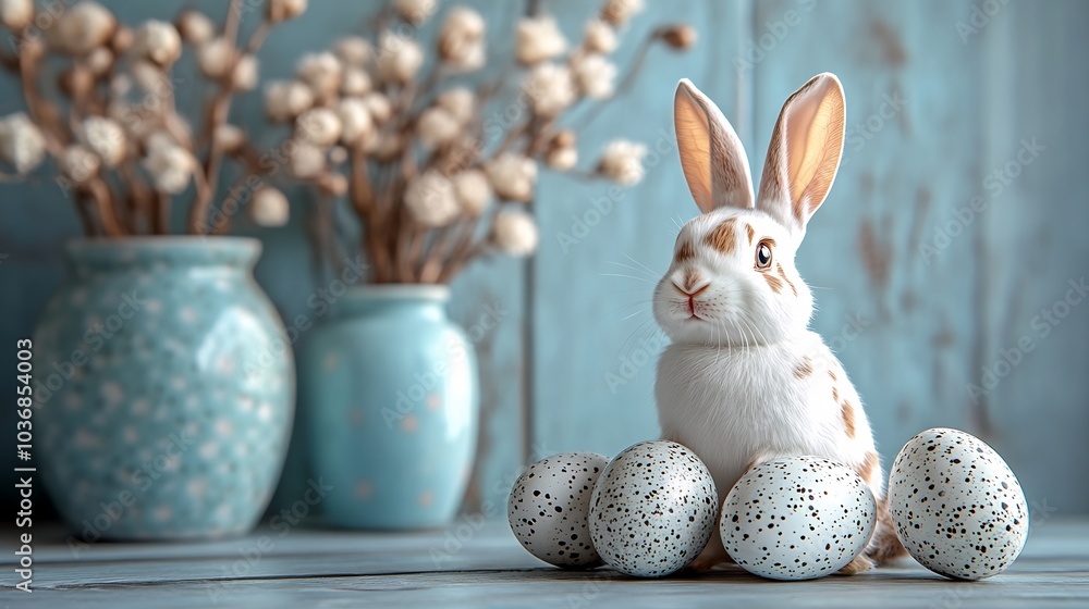 Poster easter setup featuring few speckled eggs and a small ceramic bunny on a clean softcolored background