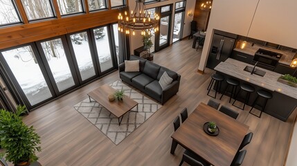 A spacious modern living room with a black sofa, wooden furniture, and a kitchen area featuring a marble countertop, large windows with a snowy outdoor view, and a chandelier hanging from the ceiling