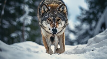 Naklejka premium A wolf with snow on its fur walks through a snowy forest.