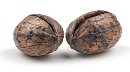 A pair of nuts placed on a clean, white surface