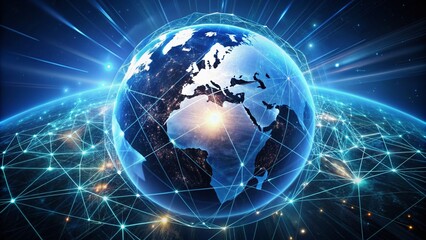 Fototapeta premium A futuristic globe surrounded by glowing network lines and sleek digital nodes, symbolizing business development through innovative marketing strategies and creative technological solutions.