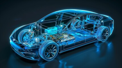 Electric car lithium battery pack is illustrated with power connections, showcasing the core of modern automotive technology in a vibrant blue tone