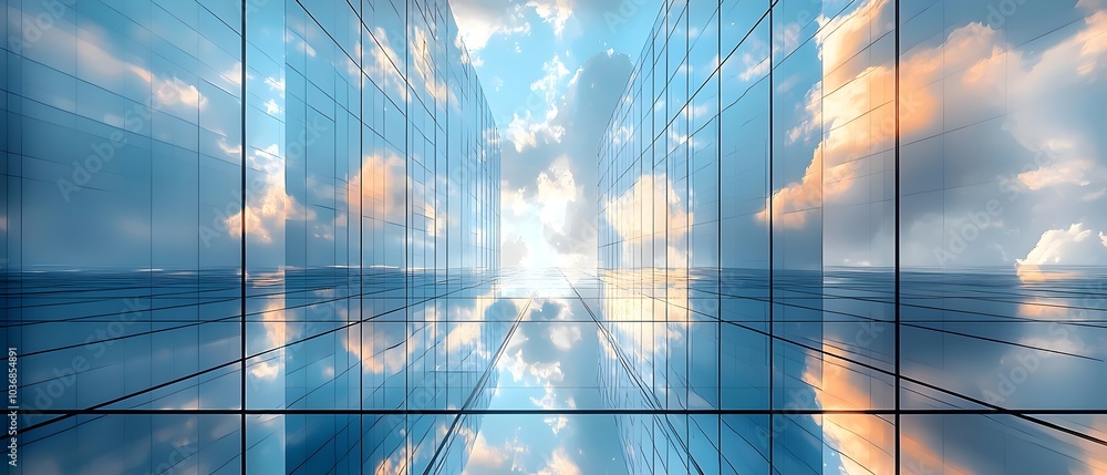 Poster a breathtaking view through glass buildings reflecting a vibrant sky with soft clouds, creating an e