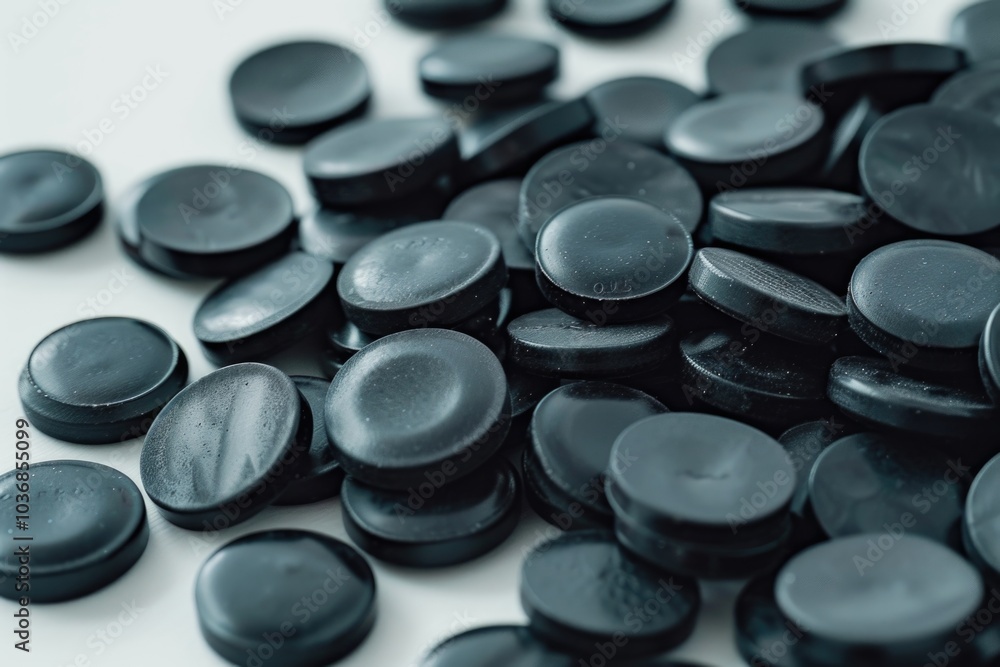 Poster a selection of black buttons arranged on a table surface