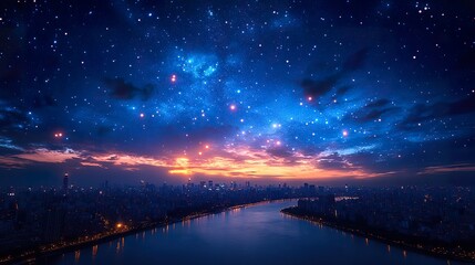 Obraz premium Cityscape Night Sky Blending Stars - Urban Landscape with Celestial Beauty