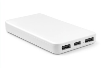 A white power bank sitting on a white surface, useful for charging devices