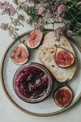 A plate filled with sliced bread, fresh figs, and sweet jam for a satisfying breakfast or snack
