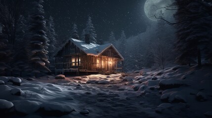 A cozy cabin glows with warm light in a snowy, moonlit forest.