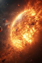 An awe-inspiring cosmic scene featuring a blazing sun surrounded by rocky debris and distant planets, capturing the vibrant colors of the universe and its celestial beauty.