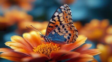Obraz premium A Butterfly Resting on a Flower: A Close-Up View of Nature's Beauty