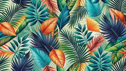 Vibrant seamless  floral pattern featuring palm tropical leaves and abstract geometric forms in a stunning abstract texture, ideal for wallpapers and surface designs.