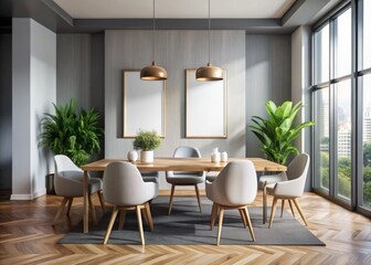 Elegant Dining Room with Mockup Poster, Table, and Chairs for Office Use in a Lively Illustrative Card Design, Perfect for Interior Decor and Branding Projects