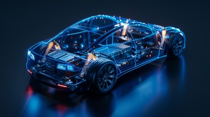 Electric car lithium battery pack is illustrated with power connections, showcasing the core of modern automotive technology in a vibrant blue tone