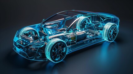 Electric car lithium battery pack is illustrated with power connections, showcasing the core of modern automotive technology in a vibrant blue tone
