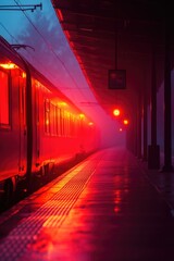 Fototapeta premium A red train stands at a foggy train station, waiting for departure