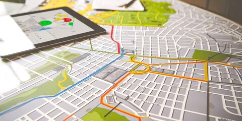Fototapeta premium Modern City Planning with Digital and Physical Map Integration. This image depicts a modern approach to city planning, where digital and physical maps are integrated for efficient urban development. 