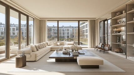 Fototapeta premium Modern living room with large windows and furniture.