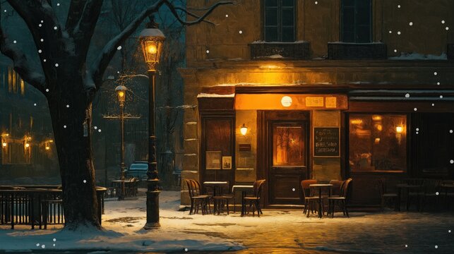 A charming Night Winter Snowy Paris street scene Painting at night with a warm caf&eacute;, snow falling, and glowing street lamps