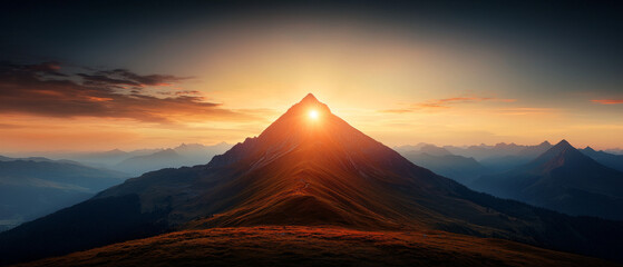 Sunrise on Mountain Peaks with Vibrant Reflections and Majestic Landscape
