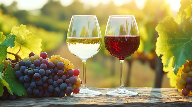 A vibrant vineyard scene featuring two wine glasses, one with white wine and the other with red wine, surrounded by fresh grapes.