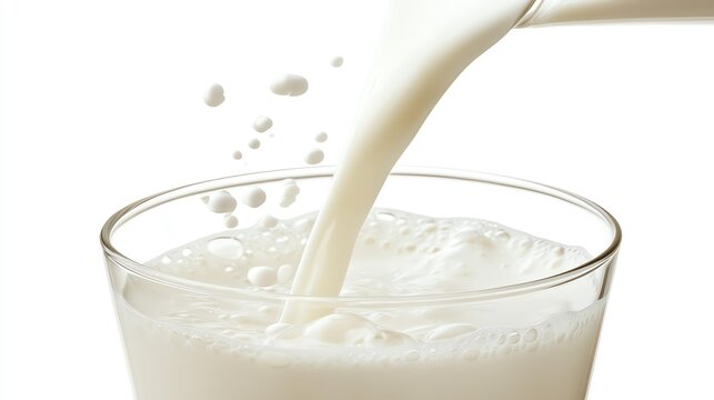 Fresh milk pouring into a clear glass, showcasing creamy texture and rich bubbles, ideal for culinary or beverage-themed projects.