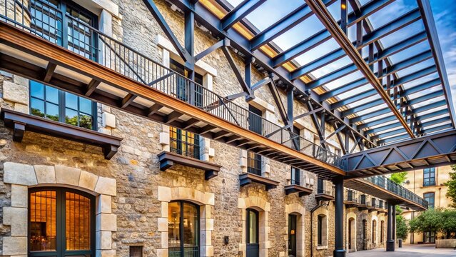 Ancient stone façade meets modern steel beams in a carefully crafted retrofit, blending historic charm with seismic safety in a stunning urban revitalization project.