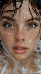 Close-up Portrait of a Woman with Wet Hair and Freckles
