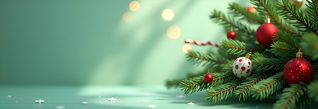 Christmas garland with decorations, trets and snowflakes on a light green background, creating a festive atmosphere.