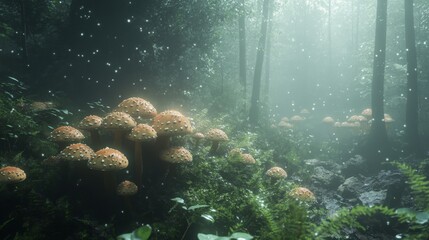 Obraz premium Enchanting forest scene featuring vibrant mushrooms amidst a misty atmosphere.
