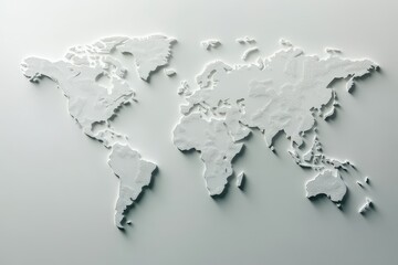 A textured, white 3D map of the world on a light grey background.