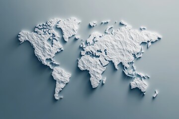 A 3D map of the world in white, with a light blue background.