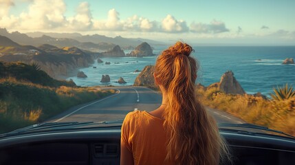 Couple Enjoying Scenic Coastal Drive:  A romantic getaway with breathtaking views and the open road ahead, capturing the essence of adventure and love. 