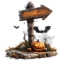 Halloween-themed sign with pumpkins and bats. isolate on white backgroud
