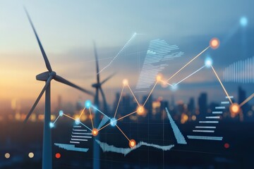Wind turbines against a city skyline with data and graphs overlay.