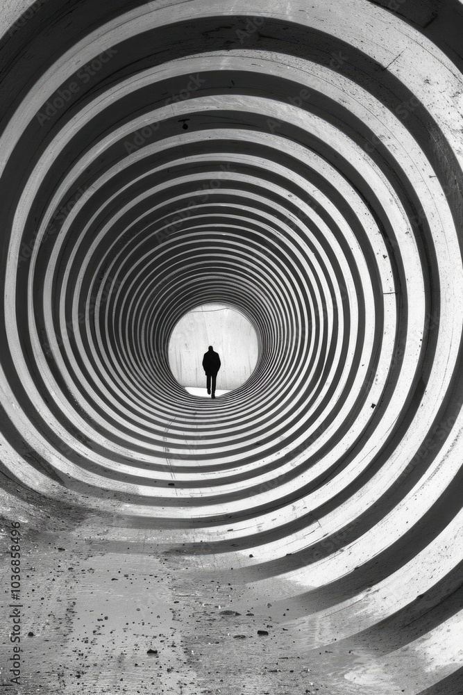 Poster a person stands in a circular tunnel with smooth walls and unknown destination