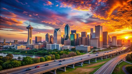 Fototapeta premium Vibrant sunset casts a warm glow over the modern Dallas cityscape, featuring sleek skyscrapers, bustling highways, and iconic Reunion Tower standing tall.