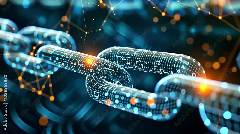 Fototapete An abstract view of a digital chain link representing blockchain technology, showcasing glowing connections and data patterns. The background creates a high-tech atmosphere.