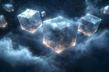 Obraz premium An ethereal scene featuring glowing, semi-transparent cubes floating amidst a backdrop of swirling clouds and twinkling stars, creating a mystical atmosphere.
