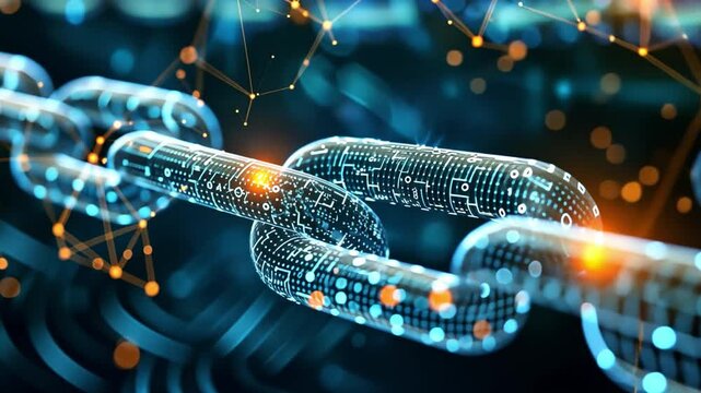 An abstract view of a digital chain link representing blockchain technology, showcasing glowing connections and data patterns. The background creates a high-tech atmosphere.